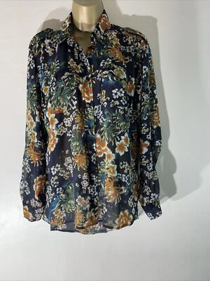 Womens Next Uk 12 Black Mix Floral Sheer Long Roll Tab Sleeve Blouse Shirt Top - Image 1 of 4