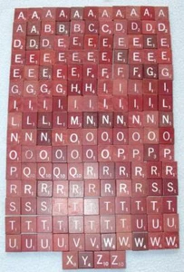 168 Vintage WOOD MAROON RED Scrabble Game Tiles White Lettering EUC No J or K - Picture 1 of 5