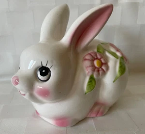 Vintage 1970's Ceramic Pink Bunny Figurine Rabbit Cotton Ball Tail Holder EASTER - Picture 1 of 13