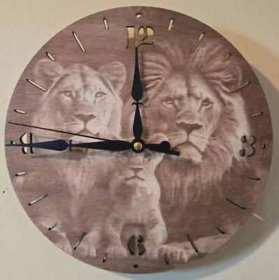 Laser Engraved Wooden Lion clock - Image 1 of 3