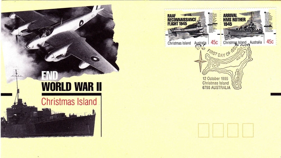 Isla de Navidad FDC 1995. Fin de la Segunda Guerra Mundial. Matasellos "Mapa Isla Navidad" Foto 1 de 1