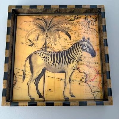 Annie Modica Zebra Palm Tree Map Decor Tray Black Gold Painted Signed Art 12x12 - Image 1 of 4
