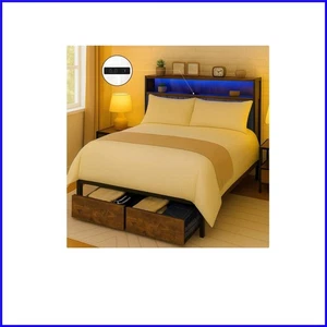 Queen Size Storage Bed Frame with LED Lighting & Easy Assembly - Vintage Look - Picture 1 of 11