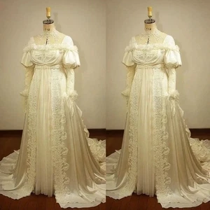 Victorian Prom Dress Light Champagne 17th Century Lace Appliqué Long Sleeve - Picture 1 of 9