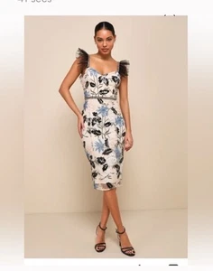 Lulus Show Stopper Midi Dress Floral Embroidered Beaded Bodycon Pencil Cream XS - Picture 1 of 11