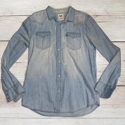 Camisa Occidental Levi's Para Mujer Manga Larga Perla Desteñida Azul Claro Lavado ~ M Foto 1 de 4