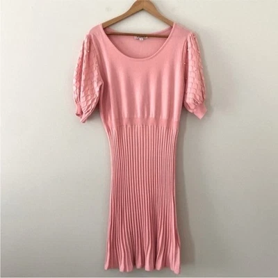 Vestido Suéter Nanette Lepore Rosa Plisado Tejido Perla Manga Abullonada Femenino Midi L Foto 1 de 4