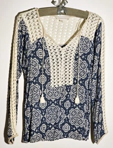 Blusa Lovestitch Mujer Grande, Crochet Blanco y Azul, Manga Larga, Borlas, Boho - Imagen 1 de 7