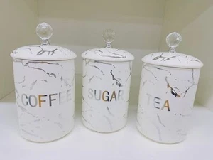 Kanister Tee Kaffee Zuckerdose Luftdicht Marmor Optik Aufbewahrungsset Weiß - Bild 1 von 5