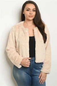 Womens Plus Size Beige Faux Fur Jacket 1X Long Sleeve - Picture 1 of 3