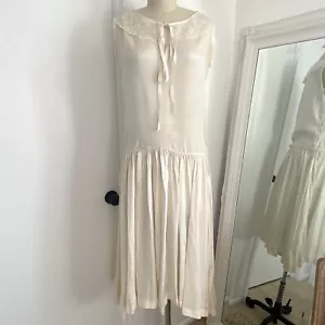Vintage 20s 30s Creamy Drop Waist Silk Flapper Lace Wedding Dress M Medium - Picture 1 of 13
