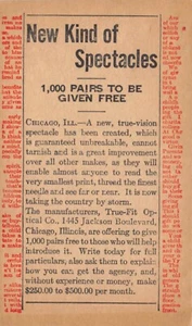 Postcard: New Kind of Spectacles, True-Fit Optical, Magazine Dropin, 1910's - Picture 1 of 2