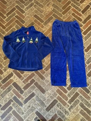 Веселый и яркий рождественский велюровый костюм из 2 предметов размер маленький женский синие брюки куртка - Изображение 1 из 4