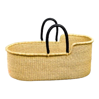 Cesta Moses tecida à mão – Berço africano Bolga bebê com alças pretas - Imagem 1 de 3