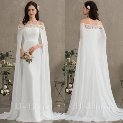 Bohemian Chiffon Wedding Dresses with Cape Lace Appliques A Line Bridal Gowns - Image 1 of 4