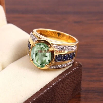 Natural Green Amethyst And Sapphire with 18K Gold Plated Ring For Men's #349 - Image 1 of 4
