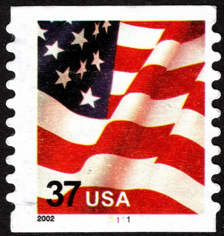 US Stamp Scott # 3632 - 37 Cents 2002 US Flag Plate Number 1111 Coil Single F-VF - Image 1 of 1