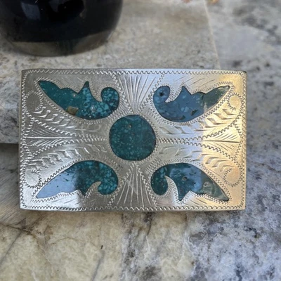 Hebilla de cinturón vintage de plata esterlina con diseño azteca turquesa de México Foto 1 de 4