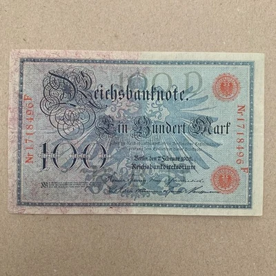 Billete Reichsbanknote alemania de 100 marcos de la Primera Guerra Mundial Berlín sello rojo 1908 Dinero Foto 1 de 4