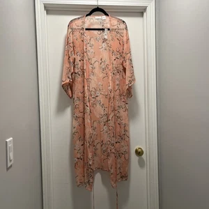 New York Company L/XL transparenter Kimono Strickjacke koralle rosa Blumen Staubtuch NEU - Bild 1 von 7