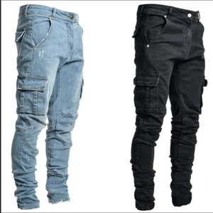 Men's Side Pocket Slim Fit Small Feet Solid Color Skinny Jeans Trousers - Picture 1 of 23
