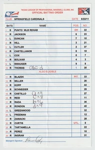 6-22-11 Springfield Cardinals Game Used Lineup Card - Nick Punto MLB Rehab - Picture 1 of 1