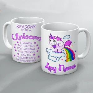 REASONS TO BE A UNICORN PERSONALISED GIFT MUG CUP RAINBOW POO STAB IDIOTS HORN - Picture 1 of 1