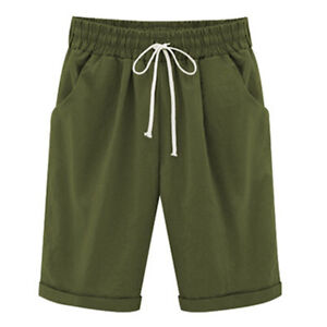 Womens Solid Beach Bermuda Capri Shorts Loose Casual Summer Crop Pants Trousers