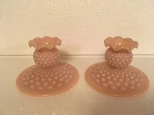 Vintage Pair of Fenton Rose Pastel Pink Milk Glass Hobnail Candle Holders Sticks - Picture 1 of 8