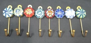 Lot 8 Metal Brass Ceramic multicolor Knob Wall Coat Hook Hanger Holder - Picture 1 of 5