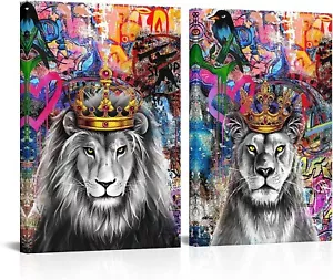2 Pcs Lion King & Queen Crown Canvas Wall Art Set Home Decoration Free Shipping - Picture 1 of 5
