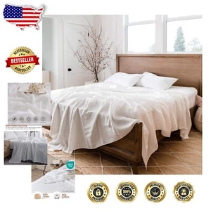 OEKO-TEX Certified White Linen Flat Sheet - Cozy & Eco-Friendly Queen Size - Picture 1 of 9