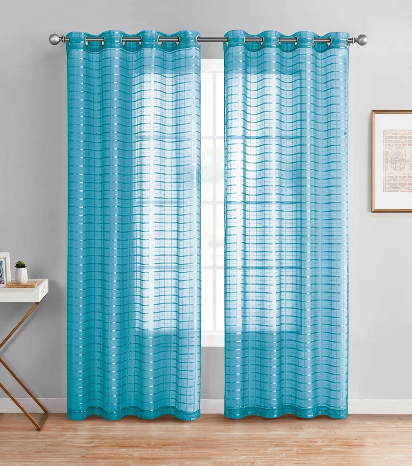 Panel de cortina de ventana transparente individual: 55 W x 84 L, diseño a cuadros/a cuadros, ojal de metal Foto 1 de 1