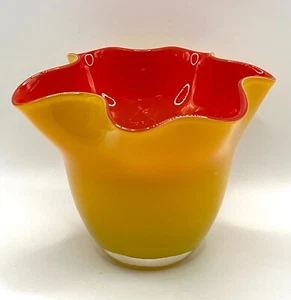 Gorgeous Designs Studio Yellow Red Art Glass Ruffled Edges Flower Vase Bowl 4.2" - Picture 1 of 11