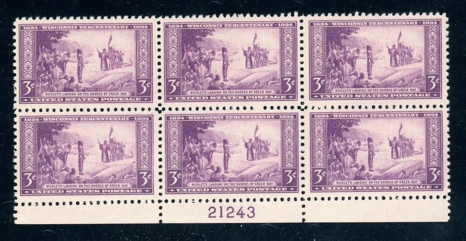 US Stamp #739 Wisconsin Tercentenary 3c - MNH - Plate Block of 6 - CV $5.00 - Image 1 of 1