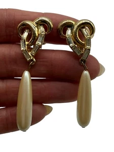 Vintage Designer große 80er Jahre goldfarbene Kunstperlen lange Perle Strass Clip Ohrringe - Bild 1 von 8