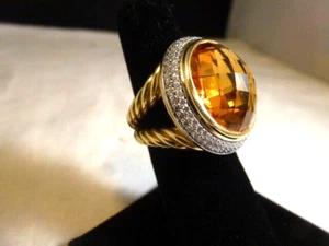 18 mm Cushion Citrine & Diamond 18K Gold Ring Size 6 - Picture 1 of 11