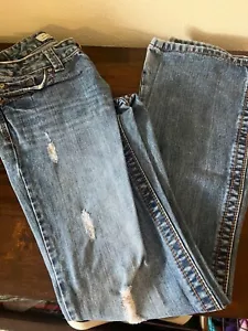Aeropostale Blue Jeans Hailey Skinny Flare Women 3/4 Long Distressed Blue - Picture 1 of 8