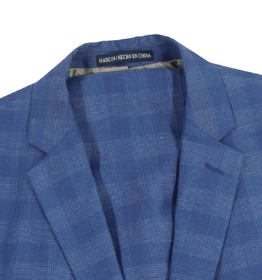 Men's 44 L Penguin Blue Glean Plaid Linen Wool Winddowane Flat Front Summer Suit - Image 1 of 4