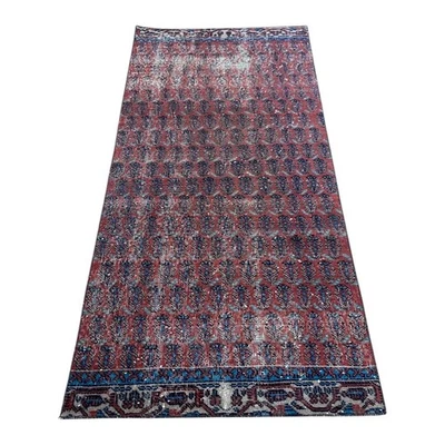 Vintage Turkish Runner Rug 2.6x4.2 ft: Distressed Red and Blue All-Over Pattern - Image 1 of 4