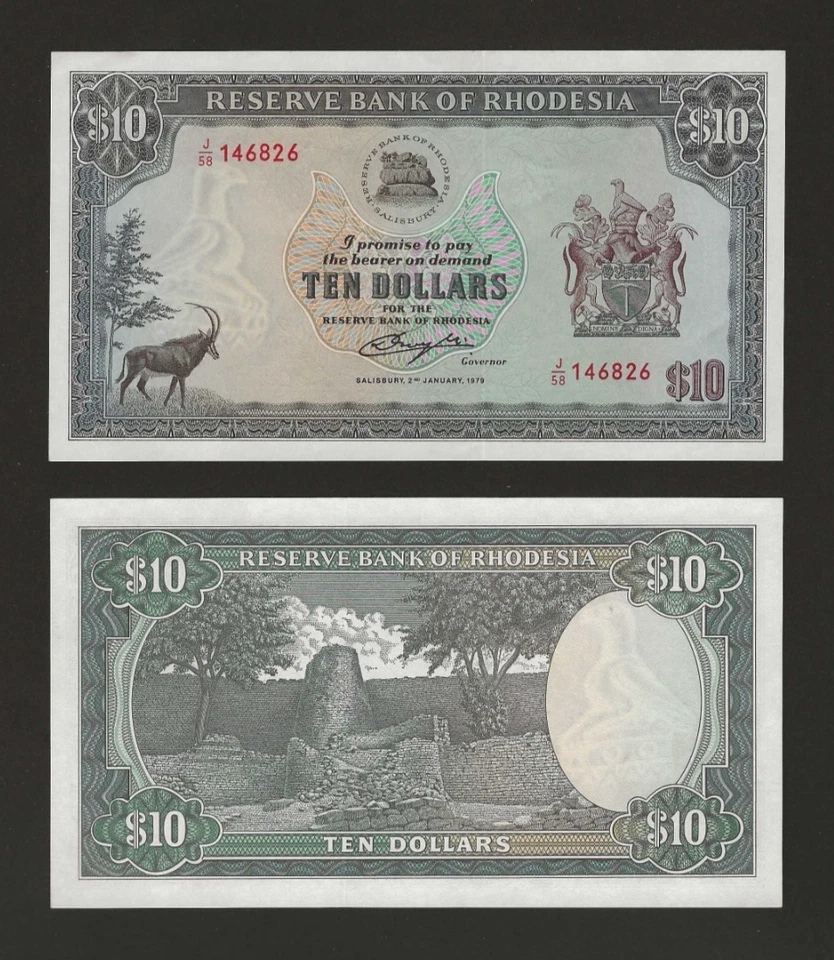 RHODESIA 10 dólares 1979, P-41a, fecha final, original AU sobre UNC, pliegue central. Foto 1 de 1