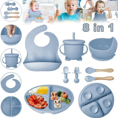 8teilig Silikon Baby Geschirrset Kindergeschirr Kinderteller w/Saugnapf BPA Frei - Bild 1 von 4