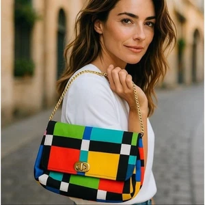 Bolso de Hombro Susan Graver Vintage Geométrico Correa de Cadena Colorido - Imagen 1 de 7