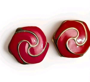 Orecchini vintage placcati oro smalto rosso vortice design dichiarazione perno post 1" - Foto 1 di 3