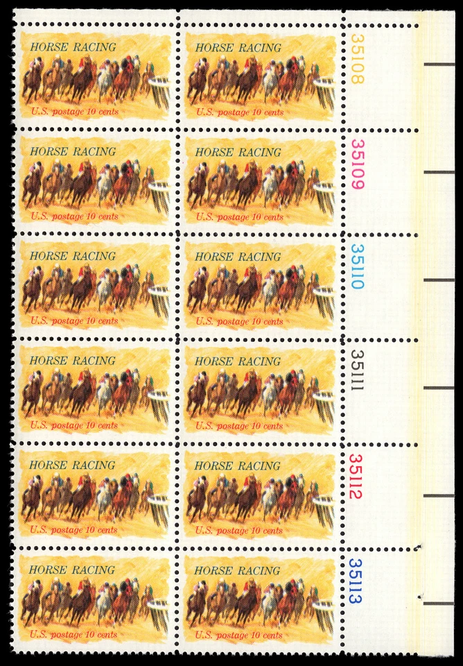 US Scott # 1528, Horse Racing, Plate Block of (12) 1974 10¢ Stamps, MNH - Image 1 of 1