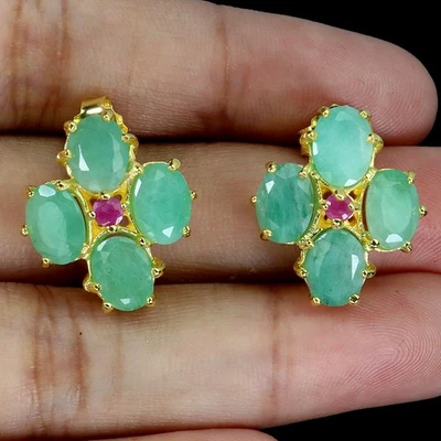 Pendientes de plata de ley 925 esmeralda ovalada 7x5 mm rubí piedras preciosas naturales joyería Foto 1 de 4