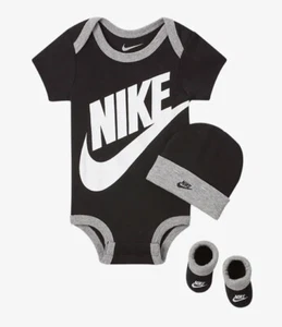 Nike Newborn Baby Boys 0-6 Month Sock Booties Bodysuit Beanie Hat 3 Piece Set - Picture 1 of 4
