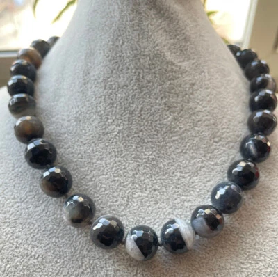 14mm Natural Faceted Black Striped Agate Onyx Gemstone Round Beaded Necklace 18" - Image 1 of 4