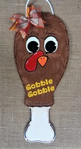 Thanksgiving GOBBLE GOBBLE Turkey Leg SIGN Wall Door Hanger Plaque Wood Wooden - Picture 1 of 1