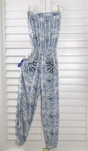 SKEMO $154 Bead Embellished Tie Front Coral Print Strapless Jumpsuit Size Large - Picture 1 of 6